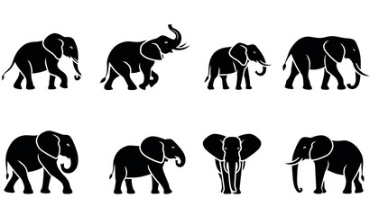 A collection of eight black elephant silhouettes in various poses on a white background.