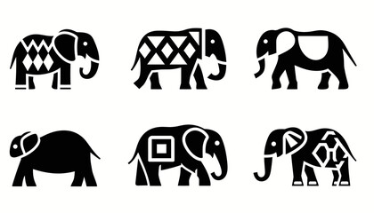 A collection of six stylized black elephant icons with various geometric patterns and designs.