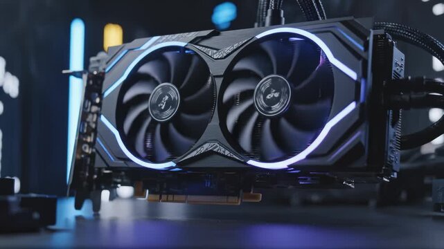 Close Up of Gaming Graphics Card With Blue and Purple Lights