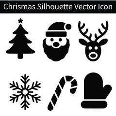 Fototapeta premium Christmas Silhouette Icons: A collection of festive silhouettes, including a Christmas tree, Santa Claus, reindeer, snowflake, candy cane, and mitten.