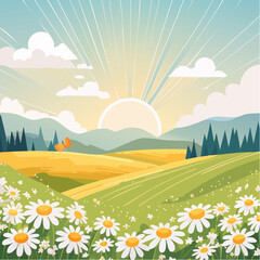 Fototapeta premium Late summer country landscape with daisies meadow and sunbeam