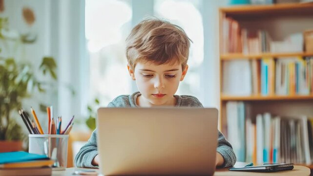 Cute schoolboy studying online at home talking to teacher via video call. Caucasian schoolboy sitting at desk and using computer doing homework. Online education, e-learning, distant education - Powered by Adobe
