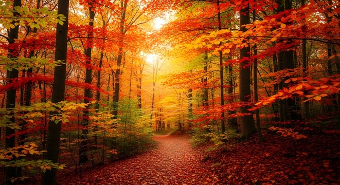 Sunlight filtering through vibrant autumn forest trees with a path covered in fallen leaves