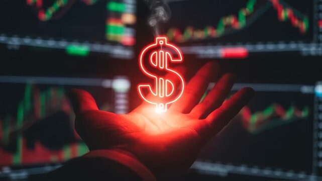 Hand holding glowing dollar sign amidst financial charts, showcasing dynamic investment potential, camera zooms in to emphasize the illuminated symbol of wealth and opportunity