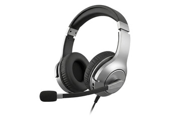 Silver and black gaming headset with microphone isolated on transparent background for clear communication during gameplay