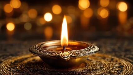 Flickering brass diya oil lamp casting warm light in a serene setting during a festive celebration of unity and tradition - Powered by Adobe