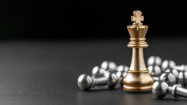 Golden chess king stands proudly among silver pawns in a dramatic, low-light setting of intense strategy and competition - Powered by Adobe