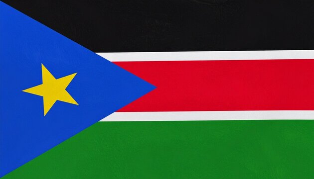 South Sudan national flag with black, red, and green horizontal stripes separated by white lines, blue triangle with yellow star symbolizing unity and independence.