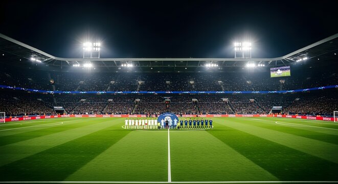 Illuminated soccer stadium with teams lined up on the field under bright floodlights