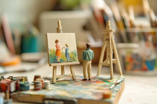 A miniature artist figurine observes a tiny painting of two women in a field, surrounded by art supplies in a detailed studio.