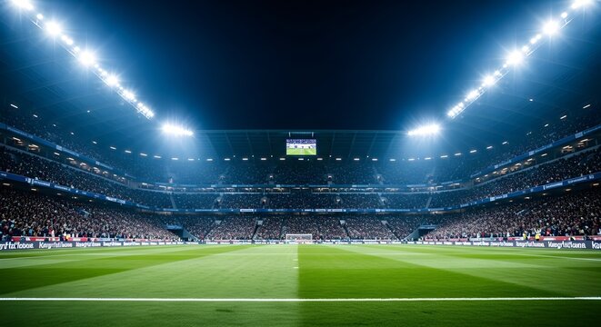 Vast illuminated football stadium at night with bright floodlights and a green pitch ready for a major sporting event - Powered by Adobe