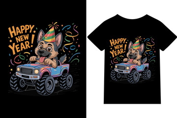 Cute German Shepherd Puppy Driving Monster Truck- T-shirt, mug, hoodie, quotes, poster design, typography.