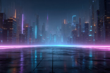 Fototapeta premium A dark reflection of a street on wet concrete. Rays of colorful neon light.