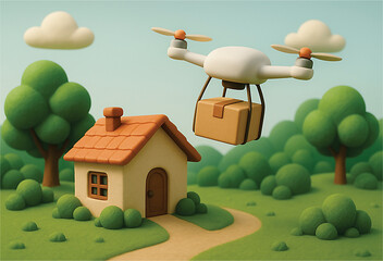 A drone delivering a small package to a remote home, surrounded by green nature, soft 3D clay rendering style.