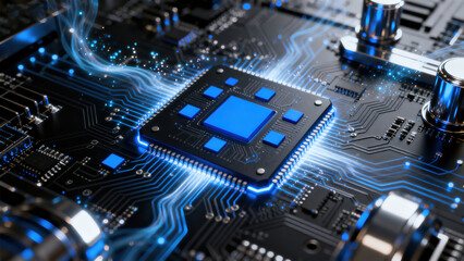 Fototapeta premium Futuristic Blue Microchip on Circuit Board