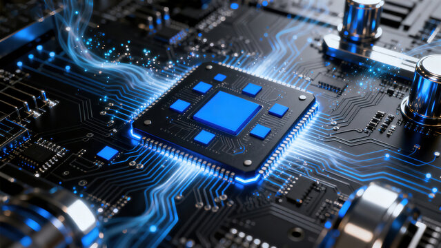 Futuristic Blue Microchip on Circuit Board