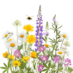Fototapeta premium Colorful meadow and garden flowers with insects, transparent background