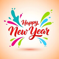 Colorful Happy New Year Calligraphy with Vibrant Splashes and Drops on Light Background