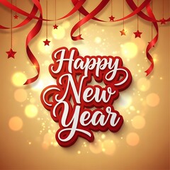Red and White Happy New Year Text with Ribbons Stars and Bokeh Lights on Golden Background