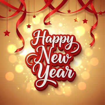 Red and White Happy New Year Text with Ribbons Stars and Bokeh Lights on Golden Background