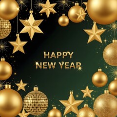 Happy New Year Gold Ornaments Stars and Baubles on Dark Teal Background with Fireworks