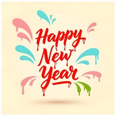 Colorful Happy New Year Dripping Paint Effect Lettering with Bright Splashes on Light Background