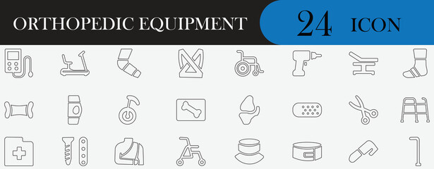 Orthopedic Equipment Line Icon Set. Containing rehabilitation, mobility, medical, fracture, and patient symbols. Editable vector icon for healthcare app UI/UX and clinics.