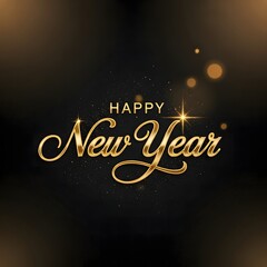 Elegant Happy New Year Gold Script Lettering with Bokeh Lights and Dark Background