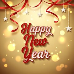 Happy New Year Festive Greeting Card with Sparkling Gold Background and Red Ribbons