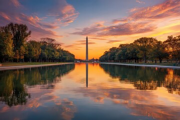 Scenic View of Washington Monument Reflecting in Water at Sunset with Vibrant Orange and Blue Sky and Lush Green Trees Lining the Reflecting Pool