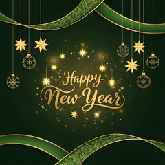 Happy New Year Golden Calligraphy on Dark Green Background with Ornate Ribbons Stars and Baubles