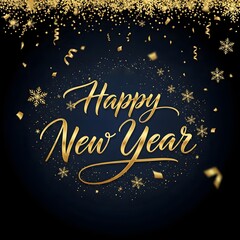 Happy New Year Golden Calligraphy with Snowflakes Confetti and Ribbons on Dark Blue Background