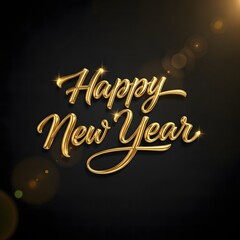 Happy New Year Golden 3D Lettering with Light Flares on Dark Black Background