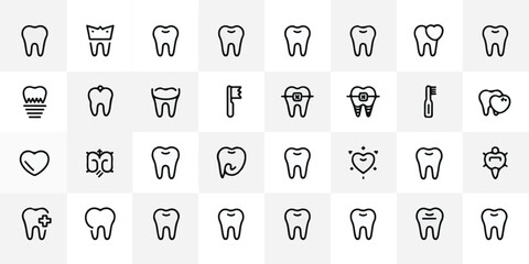 High-quality minimalist vector dental icons, 30 items in 5x6 grid, clean black silhouettes, modern flat style, commercial-ready, distinct, professional, balanced.