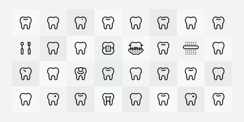 High-quality minimalist vector dental icons, 30 items in 5x6 grid, clean black silhouettes, modern flat style, commercial-ready, distinct, professional, balanced.