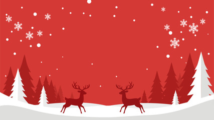 A festive red winter landscape with two reindeer, pine trees, and falling snowflakes.