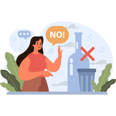 Woman Refusing Alcohol Showing Hand Gesture With No Symbol Near Bottle In Abstinence Concept illustration