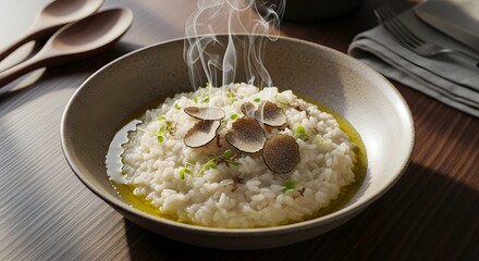 Steaming Truffle Risotto in Bowl: Gourmet Italian Cuisine, Fine Dining, Restaurant Menu, Culinary Delights, Food Photography