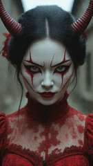 A striking woman with red horns and demonic makeup wears a high-collared red lace dress, giving a fierce, powerful look.