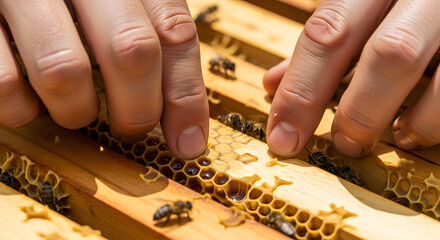 beekeeper hands working with honey bees and honeycomb