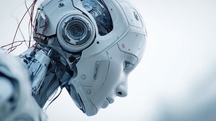 Intricate close-up of a futurist humanoid robot head with visible wires