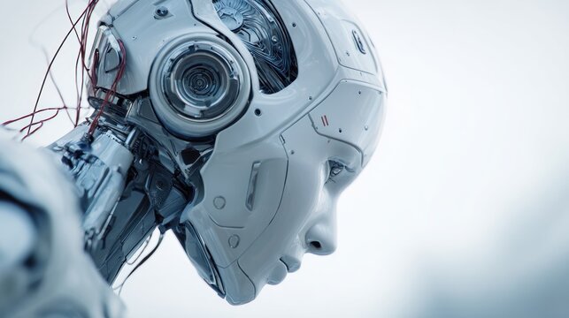 Intricate close-up of a futurist humanoid robot head with visible wires - Powered by Adobe