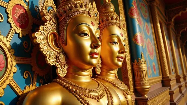 Golden Brahma Statue, a Four-Faced God of Hinduism and Buddhism in a Colorful Temple Setting, Evoking Religious Atmosphere and Spiritual Serenity