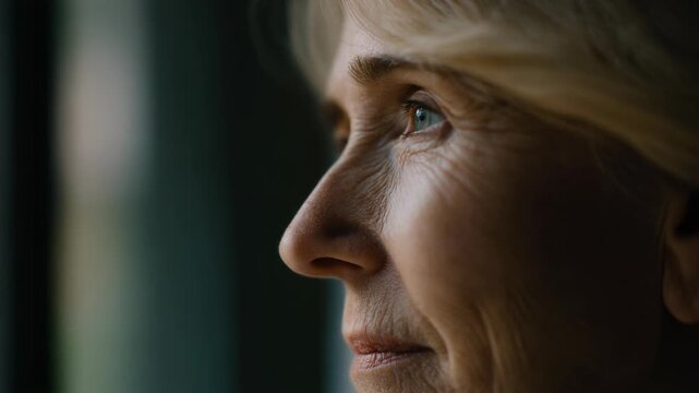 Close-up portrait of a thoughtful senior woman gazing out a window, reflecting on life and memories