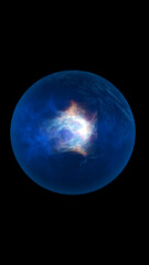 Glowing blue sphere radiating light and energy in a dark cosmic environment