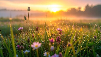 Dewdrops sparkle on meadow flowers at sunrise with golden light illuminating the grassy field and distant trees creating a serene natural landscape.