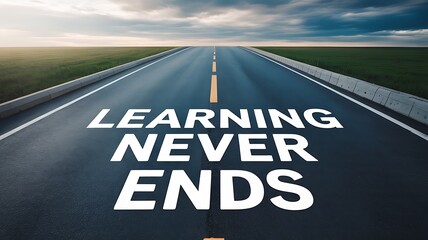 Learning never ends written on road, concept of lifelong learning and education