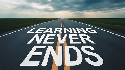 The words learning never ends painted on a road, symbolizing lifelong education