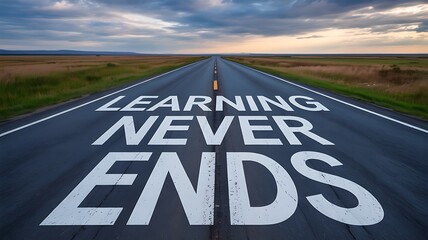 The words learning never ends painted on a road, representing continuous education