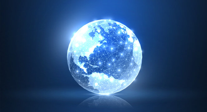 Globe. Polygonal wireframe mesh earth globe with. Global connection technology